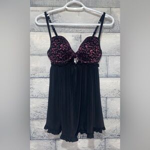 La Senza Babydoll Lingerie Dress Black/Pink Medium Ruffled Hem